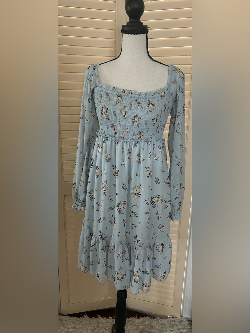 Ardene Pastel Blue Floral Long Sleeve Smocked Midi Dress